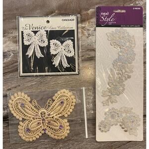 Iron on Lace Appliques Lot Lace Butterflies Bows Purple Jewels Embellishments